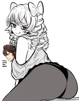  1boy 1girl ass ass_focus black_panties blush bow brown_eyes brown_hair commentary curly_hair english_commentary english_text fire_emblem fire_emblem_awakening frederick_(fire_emblem) from_behind hair_bow looking_at_viewer maribelle_(fire_emblem) medium_hair monochrome nintendo off_shoulder panties pantyhose shirt short_hair single_bare_shoulder sitting smile solo_focus tavi_(hosheezus) tongue tongue_out underwear 