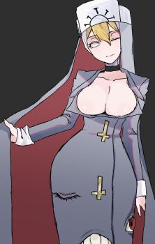  1girl adapted_costume black_background blank_eyes breasts choker cleavage collarbone double_(skullgirls) extra_eyes extra_mouth facing_viewer large_breasts looking_at_viewer monster_girl nun nurse one_eye_closed shimoya_k skullgirls smile solo valentine_(skullgirls) valentine_(skullgirls)_(cosplay) 