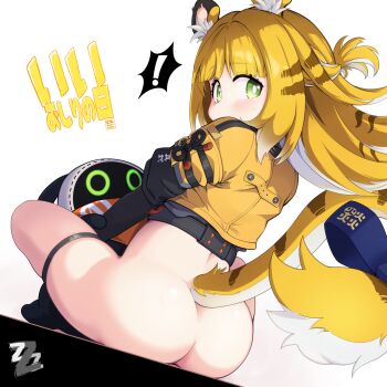  ! 1girl animal_ear_fluff animal_ears ass bandana bandana_around_neck bangboo_(zenless_zone_zero) blonde_hair blush bow bright_pupils colored_inner_hair deto eous_(zenless_zone_zero) from_behind green_eyes highres jacket ju_fufu loli long_hair looking_back multicolored_hair orange_bandana orange_fur simple_background sitting striped_fur striped_hair sweat tail tail_bow tail_ornament thigh_strap tiger_ears tiger_girl tiger_stripes tiger_tail translation_request white_background white_pupils yellow_jacket zenless_zone_zero  rating:Questionable score:101 user:wawawa73