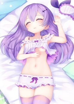 1girl arm_up azur_lane bed_sheet blush breasts camisole closed_eyes commentary_request crop_top drooling female_focus frilled_shorts frills hair_between_eyes hair_ornament highres javelin_(azur_lane) javelin_(operation:_pillow_fight!)_(azur_lane) kokone_(coconeeeco) long_hair lying midriff navel on_back parted_lips pillow purple_hair purple_thighhighs ribbon-trimmed_shorts ribbon_trim saliva short_shorts shorts sleeping small_breasts solo thighhighs underboob underwear underwear_only white_camisole white_shorts rating:Questionable score:58 user:danbooru