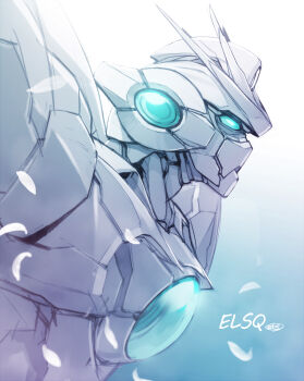  00_qan[t] aqua_sclera colored_sclera ebikawa_kanetake els_qan[t] feathers from_side gradient_background gundam gundam_00 gundam_00_a_wakening_of_the_trailblazer highres mecha mobile_suit no_humans robot science_fiction solo spot_color upper_body v-fin 