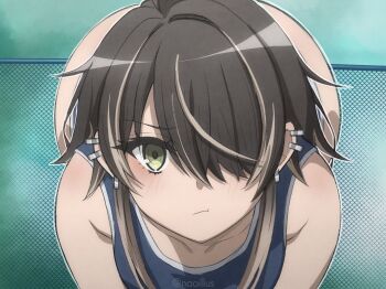  1girl ass azumanga_daiou brown_hair green_eyes hair_over_one_eye highres hip_focus kurosawa_minamo naoillus one-piece_swimsuit piercing pout pout rinni_(naoillus) solo swimsuit  rating:Sensitive score:63 user:Anti_Gendou