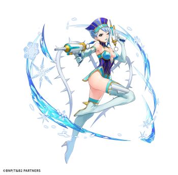  1girl artist_request ass bare_shoulders blue_eyes blue_eyeshadow blue_hair blue_hat blue_lips blue_rose_(tiger_&amp;_bunny) boots breasts cleavage copyright_notice detached_collar dual_wielding eyelashes eyeshadow full_body hat high_heel_boots high_heels highres holding holding_weapon karina_lyle leotard lipstick makeup official_art one_eye_closed outstretched_arm phantom_of_the_kill short_hair simple_background snowflakes solo strapless strapless_leotard superhero_costume thigh_boots thighs third-party_source thorns tiger_&amp;_bunny weapon white_background white_boots 