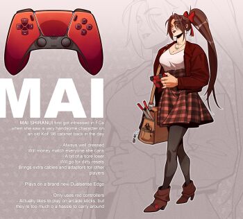  1girl breasts brown_eyes brown_hair cleavage commentary controller english_commentary english_text fatal_fury game_controller high_ponytail highres large_breasts long_hair looking_at_viewer pleated_skirt ponytail renatoramos_ink shiranui_mai skirt smile snk solo the_king_of_fighters thighs 