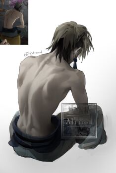  1boy back black_hair earrings firstsun_d from_behind gachiakuta grey_hair hashtag-only_commentary highres invisible_chair jewelry male_focus reference_inset short_hair simple_background sitting solo topless_male twitter_username two-tone_background watermark white_background zanka_nijiku 