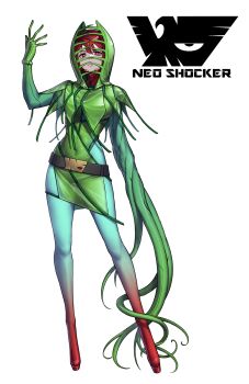  1girl belt black_belt bodysuit bright_pupils commentary dress eidenjyou1997 emblem english_commentary full_body genderswap genderswap_(mtf) gradient_clothes green_dress haejigokujin hand_up highres kamen_rider looking_at_viewer medium_hair monster_girl neo_kamen_rider parted_lips plant plant_girl red_eyes red_hair shocker_(kamen_rider) short_dress simple_background solo standing teeth tendril_arm vines white_background 