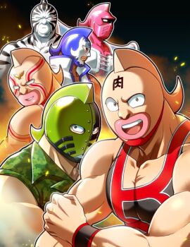 6+boys armor black_eyes black_tank_top blank_eyes blue_helmet brown_eyes commentary_request forehead_writing green_helmet green_vest helmet kinnikuman kinnikuman_(character) kinnikuman_big_body kinnikuman_mariposa kinnikuman_soldier kinnikuman_super_phoenix kinnikuman_zebra lapels lips looking_at_viewer male_focus multiple_boys muscular muscular_male open_mouth parted_lips pauldrons pink_helmet shoulder_armor smile tank_top vest white_vest wristband yokota_mamoru