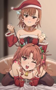 1futa 1girl antlers bdsm bed_sheet bikini black_thighhighs breasts brown_hair commentary cum cum_in_pussy cum_overflow detached_collar detached_sleeves doggystyle dress earrings electricity electrokinesis english_commentary fake_antlers floating_earrings fur-trimmed_dress fur-trimmed_sleeves fur_trim futa_with_female futanari grin happy_sex hat heart heart-shaped_pupils highres holding holding_leash horns implied_futanari indoors jewelry leash long_hair misaka_mikoto one_eye_closed open_mouth psychic red_bikini red_dress red_sleeves reindeer_antlers santa_bikini santa_costume santa_dress santa_hat sex sex_from_behind sheet_grab shirai_kuroko short_hair sleepy_frippy small_breasts smile swimsuit symbol-shaped_pupils thighhighs toaru_kagaku_no_railgun toaru_majutsu_no_index twintails rating:Explicit score:473 user:danbooru