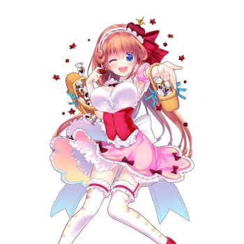  1girl apron armpits blue_eyes bow breasts chocolate chocolate_love corset crown curly_hair frilled_apron frills giuniu hair_ribbon headdress heart heart_print large_breasts long_hair mini_crown one_eye_closed open_mouth orange_hair picnic_basket pink_skirt print_thighhighs reaching reaching_towards_viewer red_bow red_corset red_ribbon red_shoes ribbon shoes skirt skirt_bow smile thighhighs uchi_no_hime-sama_ga_ichiban_kawaii white_apron white_thighhighs 