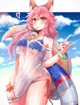  1girl absurdres animal_ear_fluff animal_ears between_breasts bikini blue_bikini blue_sky blush breasts bubble_tea bubble_tea_challenge cleavage cloud cloudy_sky collarbone cup disposable_cup drink drinking drinking_straw fate/grand_order fate_(series) fox_ears fox_girl fox_shadow_puppet fox_tail highres innertube large_breasts long_hair looking_at_viewer meme object_on_breast ocean outdoors pink_hair revision shirt side-tie_bikini_bottom sky solo star-shaped_pupils star_(symbol) sun swim_ring swimsuit symbol-shaped_pupils t-shirt tail tamamo_no_mae_(fate) tamamo_no_mae_(swimsuit_lancer)_(fate) tamamo_no_mae_(swimsuit_lancer)_(second_ascension)_(fate) wet wet_clothes wet_shirt yazuishou_ray yellow_eyes 