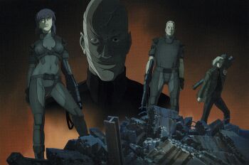  batou_(gits) ghost_in_the_shell ghost_in_the_shell:_stand_alone_complex highres holding holding_weapon kusanagi_motoko kuze_hideo military_uniform non-web_source science_fiction weapon white_hair 