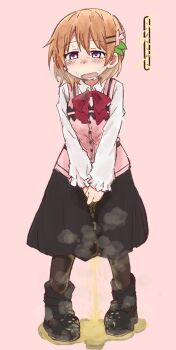  1girl between_legs black_boots black_pantyhose black_skirt blush boots bow bowtie embarrassed female_focus flower full_body gochuumon_wa_usagi_desu_ka? hair_flower hair_ornament hairclip half-closed_eyes hand_between_legs have_to_pee highres hoto_cocoa long_sleeves nose_blush open_mouth orange_hair own_hands_together pantyhose peeing peeing_self pigeon-toed pink_background pink_flower pink_vest ponnu_(tnpn2yw) puddle purple_eyes red_bow red_bowtie school_uniform shirt short_hair simple_background skirt solo standing steam tears urine_meter v_arms vest wet wet_clothes white_shirt 