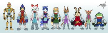  2024 4boys 4girls absurdres belt blue_background blue_eyes boots bow facing_viewer falco_lombardi fara_phoenix fay_spaniel fox_mccloud full_body gradient_background green_eyes hair_bow headset highres jacket krystal lummh miyu_lynx multiple_boys multiple_girls nintendo peppy_hare rob_64 robot scarf slippy_toad standing star_fox star_fox_2 star_fox_command star_fox_zero 