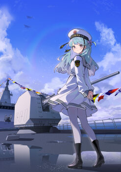  1girl absurdres arms_behind_back battleship boots bow green_hair hair_bow hat highres military_uniform military_vehicle original pantyhose sailor sailor_hat ship warship watercraft white_pantyhose yamano_(yamanoh) 