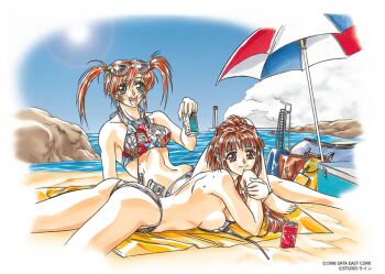  1990s_(style) aoki_chisa ass barefoot beach beach_umbrella bikini blanket brown_eyes brown_hair can cassette_player copyright_notice day doukoku_soshite... green_eyes grey_bikini hair_bobbles hair_ornament hatori_itsumi headphones high_ponytail holding holding_can long_hair looking_at_viewer lying non-web_source official_art on_stomach open_mouth outdoors ponytail red_hair retro_artstyle smile sun swimsuit teeth twintails umbrella upper_teeth_only water yokota_mamoru 