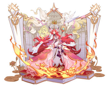  1girl absurdly_long_hair absurdres arm_up boots breast_curtains breasts character_request chinese_commentary closed_mouth copyright_request cross crossed_legs crown dress earrings feather_hair fire floating_earrings flower forehead_tattoo full_body gold_earrings hand_up head_chain high_heel_boots high_heels highres holding holding_staff jewelry juliet_sleeves large_breasts long_dress long_hair long_sleeves looking_at_viewer m_c1025z magic_circle official_art pointy_ears production_art puffy_sleeves red_boots red_eyes red_hair see-through_clothes see-through_sleeves sitting smile solo staff tattoo thighhighs unfinished very_long_hair white_devil white_flower white_thighhighs 