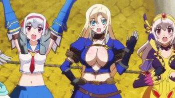  4girls animated animated_gif aqua_eyes blonde_hair blue_eyes blush breasts cleavage hairband large_breasts long_hair looking_at_viewer lowres midriff monster_hunter_(series) monster_hunter_mezeporta_kaitaku-ki multiple_girls navel open_mouth purple_eyes silver_hair small_breasts smile waving 