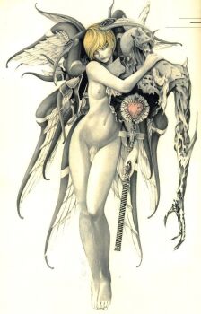  1boy androgynous angel blonde_hair breasts devilman devilman_crybaby looking_at_viewer medium_hair nipples nude obata_takeshi penis satan_(devilman) simple_background solo third-party_source wings 