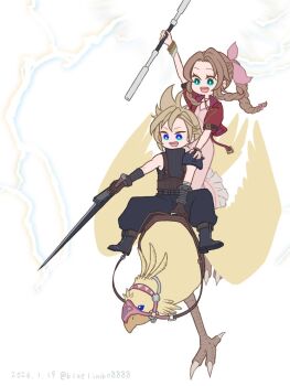  1boy 1girl aerith_gainsborough armor baggy_pants bandaged_arm bandages bangle belt bird black_boots black_pants black_shirt blonde_hair blue_eyes bluelimbo8888 boots bracelet braid braided_ponytail brown_gloves brown_hair buster_sword chocobo choker cloud_strife commentary dated dress final_fantasy final_fantasy_vii final_fantasy_vii_rebirth final_fantasy_vii_remake flower_choker full_body gloves green_eyes hair_ribbon hand_on_another's_shoulder highres holding holding_staff holding_sword holding_weapon jacket jewelry long_dress long_hair multiple_belts open_mouth pants parted_bangs pauldrons pink_dress pink_ribbon red_jacket ribbon riding riding_bird shirt short_hair short_sleeves shoulder_armor sidelocks single_bare_shoulder single_braid single_pauldron sleeveless sleeveless_turtleneck smile spiked_hair staff suspenders sword symbol-only_commentary turtleneck twitter_username weapon white_background 