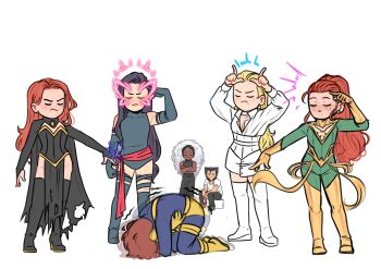  2boys black_hair blonde_hair cyclops_(x-men) dark-skinned_female dark_skin emma_frost energy highres jean_grey marvel meme moxie329 multiple_boys multiple_girls projecting_my_period_cramps_(meme) psylocke red_hair storm_(x-men) superhero_costume telekinesis white_hair wolverine_(x-men) x-men 