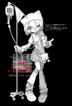 >_o 1girl animal_ear_headwear arm_warmers bad_id bad_twitter_id beanie black_background danmaku mp3_player earbuds earphones fake_animal_ears full_body greyscale hat inset iv_stand leg_warmers loafers looking_at_viewer miniskirt monochrome niconico one_eye_closed open_mouth original outstretched_arm pigeon-toed shirt shoes short_hair short_sleeves simple_background skirt smile solo spot_color standing translation_request v yondenai613