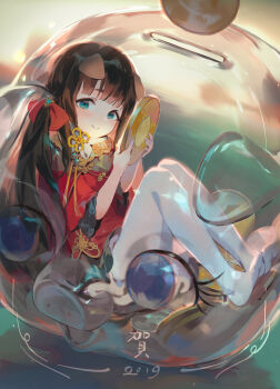  1girl 2019 bluerancel blush brown_hair brown_skirt closed_mouth commentary_request eyebrows_hidden_by_hair female_focus hair_ribbon hands_up highres holding jofang long_hair looking_at_viewer no_shoes original red_ribbon red_shirt ribbon shirt short_sleeves sitting skirt smile solo thighhighs twintails white_thighhighs wide_sleeves 