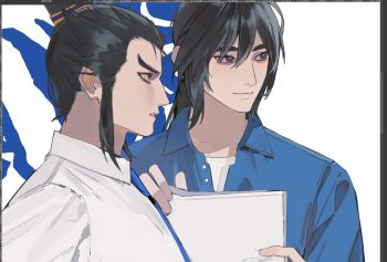  2boys art_program_in_frame blue_shirt cao_cao_(shin_sangoku_musou) closed_mouth collared_shirt commentary_request contemporary furrowed_brow hair_between_eyes holding holding_paper light_smile low_ponytail male_focus medium_hair multiple_boys p3ach0520 paper parted_lips ponytail shin_sangoku_musou shin_sangoku_musou_origins shirt shirt_under_shirt sidelocks topknot white_background white_shirt xun_yu_(shin_sangoku_musou) 