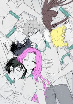  3boys 3girls alien_stage black_hair blonde_hair brown_hair closed_mouth collared_shirt commentary_request english_text grey_hair hyuna_(alien_stage) ivan_(alien_stage) long_hair luka_(alien_stage) lying mizi_(alien_stage) multiple_boys multiple_girls official_alternate_costume on_back on_side pants pink_hair ponytail potatoyoyo school_uniform shirt short_hair sleeping sua_(alien_stage) till_(alien_stage) very_short_hair 