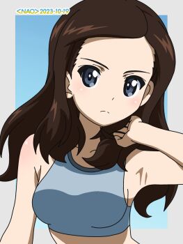  1girl blue_eyes blue_sports_bra blush breasts brown_hair closed_mouth collarbone commentary_request girls_und_panzer highres long_hair looking_at_viewer naotosi small_breasts solo sports_bra tomi_(girls_und_panzer) 