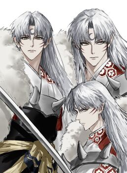  1boy armor closed_mouth crescent crescent_facial_mark curtained_hair facial_mark forehead_mark fur_trim highres inuyasha long_hair looking_at_viewer looking_to_the_side male_focus multiple_views pointy_ears sesshoumaru simple_background sso_s sword upper_body weapon white_background yellow_eyes 