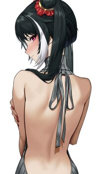  1girl absurdres back backless_dress backless_outfit bare_back bare_shoulders black_hair blush commentary double_bun dress from_behind grey_sweater hair_bun hand_on_own_arm highres jia_xichun_(project_moon) limbus_company long_hair looking_at_viewer looking_back multicolored_hair naked_sweater nsd_(neangsadu) pink_eyes project_moon red_nails ribbed_sweater shoulder_blades simple_background sleeveless sleeveless_sweater sleeveless_turtleneck solo streaked_hair sweater sweater_dress turtleneck turtleneck_sweater twintails upper_body virgin_killer_sweater white_background white_streaks 