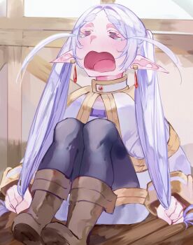  1girl absurdres boots commentary crying earrings elf frieren frieren's_three-day_tantrum grabbing_own_hair highres holding holding_own_hair jewelry mile_(off8mile) pantyhose pointy_ears sitting solo sousou_no_frieren untranslatable_commentary teardrop_earrings 
