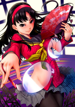  1girl amagi_yukiko atlus black_hair black_pantyhose blush breasts brown_eyes clothes_lift glasses glasses_view grey_shirt groin hairband hand_fan holding long_hair long_sleeves looking_at_viewer maybe narrow_waist navel neckerchief pantyhose persona persona_4 red_hairband red_shirt school_uniform shirt skirt skirt_lift smile thighhighs underskirt wind wind_lift x-ray x-ray_glasses x-ray_vision yellow_neckerchief 