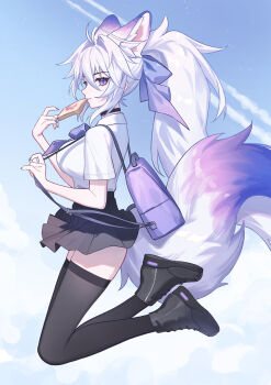 1girl ? absurdres animal_ear_fluff animal_ears backpack bag bird black_shoes black_skirt black_thighhighs bow bowtie bread bread_slice breasts closed_mouth commentary extra_ears fingernails food food_in_mouth fox_ears fox_girl fox_tail french_fries from_side hair_bow highres large_breasts long_hair looking_at_viewer luo_shun_yao meng_xi_xuan midair mouth_hold nail_polish original ponytail purple_bag purple_bow purple_bowtie purple_eyes purple_nails revision school_uniform seagull serafuku shirt shoes sidelocks skirt smile solo tail thighhighs thighs toast toast_in_mouth very_long_hair white_hair white_shirt wind zettai_ryouiki rating:Sensitive score:4 user:danbooru