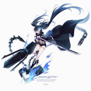  1girl absurdres arm_cannon belt bikini black_coat black_hair black_rock_shooter black_rock_shooter_(character) black_shorts blue_fire chain coat fire flaming_eye front-tie_bikini_top front-tie_top glowing glowing_eye highres long_hair no_shirt open_clothes open_coat rock_cannon rookive shorts swimsuit sword twintails uneven_twintails weapon white_background 