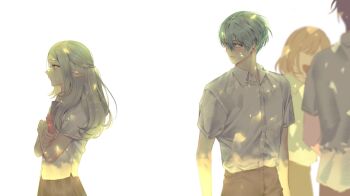  2boys 2girls black_pants black_skirt blue_eyes blue_hair brown_hair collared_shirt commentary_request crossed_arms elf frieren grey_hair hair_between_eyes half_updo hh123145 highres himmel_(sousou_no_frieren) korean_commentary light_blush long_hair looking_at_another mole mole_under_eye multiple_boys multiple_girls open_mouth pants parted_lips pleated_skirt pointy_ears school_uniform shirt short_hair short_sleeves skirt smile sousou_no_frieren upper_body white_background white_shirt 