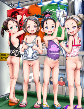  4girls ass blush bottomless censored cleft_of_venus exhibitionism fat_mons flat_chest higeepon laundry_pole loli looking_at_viewer male_underwear multiple_girls naughty_face nipples original public_indecency sandals smile tagme text_focus underwear voyeurism 