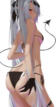  1girl absurdres ass asymmetrical_bangs bikini black_bikini black_gloves black_tail blue_archive blush breasts dark-skinned_female dark_skin deep_skin demon_tail embarrassed from_behind from_side gloves grabbing_own_ass grey_hair hair_over_one_eye highres iori_(blue_archive) iori_(swimsuit)_(blue_archive) long_bangs long_hair looking_at_viewer multi-strapped_bikini_bottom nayuyu1105 official_alternate_costume pointy_ears red_eyes side-tie_bikini_bottom sideboob simple_background skindentation small_breasts solo string_bikini swimsuit tail thick_thighs thigh_strap thighs twintails twisted_torso very_long_hair white_background 