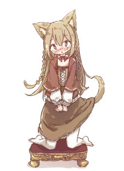  1girl animal_ear_fluff animal_ears blush brown_eyes brown_hair brown_skirt cat_ears cat_girl cat_tail chipie_0114 highres kneeling long_sleeves looking_at_viewer no_shoes original own_hands_together pantyhose simple_background skirt solo tail v_arms white_background white_pantyhose 