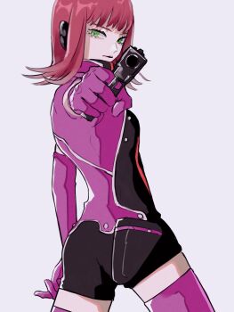  1girl aiming aiming_at_viewer breasts commentary elbow_gloves gloves gori_39 green_eyes gun handgun headphones highres holding holding_gun holding_weapon jacket katori_squad's_uniform katori_youko looking_at_viewer medium_hair purple_gloves purple_jacket purple_thighhighs red_hair short_jumpsuit short_sleeves small_breasts solo thighhighs weapon world_trigger 