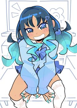  1girl absurdres blue_cardigan blue_eyes blue_hair blue_nails blue_skirt bourbunbun bow cardigan classroom cure_marine fingernails gradient_hair gyaru hair_ornament heart heartcatch_precure! highres jewelry kurumi_erika long_fingernails long_hair loose_socks magical_girl multicolored_hair on_table precure skirt smile socks table tan twintails 