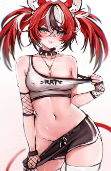  1girl absurdres alternate_costume animal_ear_fluff animal_ears black_hair black_shorts black_streaks blue_eyes blurry breasts cheese cleavage clothes_pull collar collarbone commentary covered_erect_nipples depth_of_field dice_hair_ornament dolphin_shorts double-parted_bangs fishnet_gloves fishnets food food-themed_necklace gloves groin hair_between_eyes hair_ornament hakos_baelz highres hololive hololive_english jewelry medium_breasts mokiemokki mouse_ears mouse_tail multicolored_hair navel necklace off_shoulder pants pants_pull pulling_own_clothes red_hair shorts single_fishnet_armwear smile spiked_collar spikes standing strap_pull sweat tail thighhighs thighs twintails uneven_twintails v-shaped_eyebrows virtual_youtuber white_background white_hair 