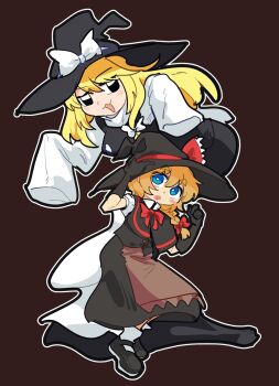  2girls apron black_capelet black_eyes black_gloves black_hat black_shoes black_skirt black_vest blonde_hair blue_eyes blush_stickers bow bowtie braid bright_pupils brown_apron brown_background capelet cookie_(touhou) elbow_gloves full_body gloves hair_bow hat hat_bow highres kirisame_marisa leftame long_hair looking_at_viewer mary_janes meguru_(cookie) multiple_girls open_mouth red_bow red_bowtie shirt shoes side_braid simple_background single_braid skirt skirt_set sleeves_past_fingers sleeves_past_wrists socks touhou vest waist_apron white_bow white_pupils white_shirt white_socks witch_hat yuuhi_(cookie) 
