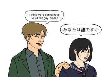  1boy 1girl black_hair black_sailor_collar black_serafuku black_shirt blonde_hair brown_hair crossover english_text green_jacket holding i_think_we're_gonna_have_to_kill_this_guy_steven_(meme) jacket james_sunderland japanese_clothes k0wee long_sleeves meme neckerchief red_neckerchief sailor_collar school_uniform serafuku shimizu_hinako shirt short_hair silent_hill_(series) silent_hill_2 silent_hill_2_(remake) silent_hill_f simple_background uncomfortable 