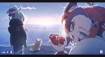  2girls absurdres blue_eyes blush breath chinese_zodiac commentary_request dog green_hair hair_ornament hatsumoude highres horizon horns japanese_clothes kanzashi kimono letterboxed looking_at_viewer multicolored_hair multiple_girls new_year ocean open_mouth original purple_hair red_hair sharp_teeth sky slit_pupils smile sunrise teeth torii two-tone_hair year_of_the_horse zizi_niisan 