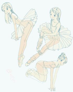 3girls aqua_eyes ballerina ballet_dress ballet_slippers bare_shoulders blue_background blue_eyes blush breasts closed_mouth freckles hair_bun highres kneeling kokudou_juunigou leaning_forward leotard long_hair looking_at_viewer looking_back multiple_girls multiple_views open_mouth original see-through_clothes see-through_skirt see-through_sleeves short_hair simple_background sitting skirt small_breasts tiptoes tube_socks rating:Sensitive score:10 user:danbooru