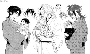  4boys 5girls :< absurdres ahoge alternate_costume asymmetrical_bangs blunt_bangs blunt_ends carrying child child_carry choppy_bangs closed_eyes closed_mouth disembodied_head eyelashes facing_another father_and_daughter father_and_son fin_hair_ornament fingernails floral_print genshin_impact hair_between_eyes half-closed_eyes hand_on_another's_back hands_on_another's_shoulder highres hootaru_u if_they_mated japanese_clothes kaedehara_kazuha kimono kuki_shinobu light_blush light_smile long_hair long_sleeves looking_at_another looking_at_viewer low_ponytail mole mole_under_eye mona_(genshin_impact) multicolored_hair multiple_boys multiple_girls open_mouth original pajamas parted_bangs parted_lips plus_sign ponytail raised_eyebrows sangonomiya_kokomi sash scaramouche_(genshin_impact) seigaiha shikanoin_heizou short_eyebrows short_hair sidelocks sleeping smile split_mouth streaked_hair tsurime twintails twitter_username white_background wide_sleeves 