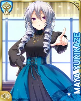  1girl :o black_shirt blue_dress character_name day dress girlfriend_(kari) grey_hair indoors long_hair mansion official_art open_mouth pointing pointing_at_viewer purple_eyes qp:flapper shirt tagme windows yukikaze_maya 