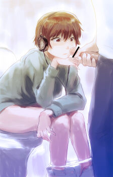 1boy 1girl bar_censor bathroom blush borusen brown_eyes brown_hair censored clothes_pull erection headphones highres male_masturbation masturbation original panties pants pants_pull panty_pull penis precum short_hair simple_background sitting solo_focus toilet toilet_use underwear rating:Explicit score:177 user:danbooru