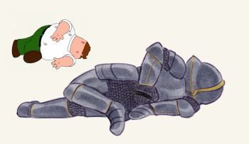 1boy armor arms_behind_back commentary english_commentary family_guy from_behind full_armor garrat_the_hound highres lunacid male_focus meme peter_griffin photo-referenced simple_background solo strangea1chemy white_background 